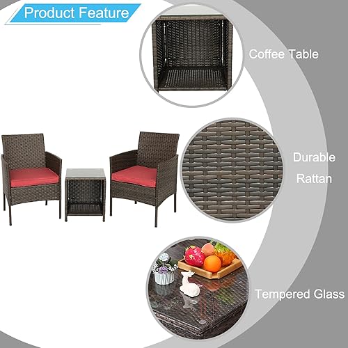 Miniatura 4 de Do4U Juego de muebles de patio de 3 piezas para exteriores, muebles de mimbre para patio, juego de bistró, juego de conversación al aire libre,