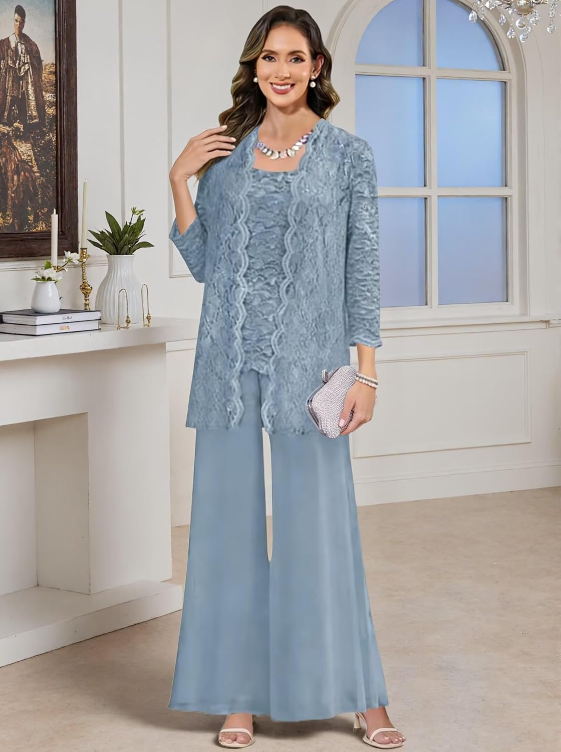 Women's 3 Pieces Pants Suits for Women Wedding Lace Chiffon Mother of Bride Pantsuits Formal with Jacket