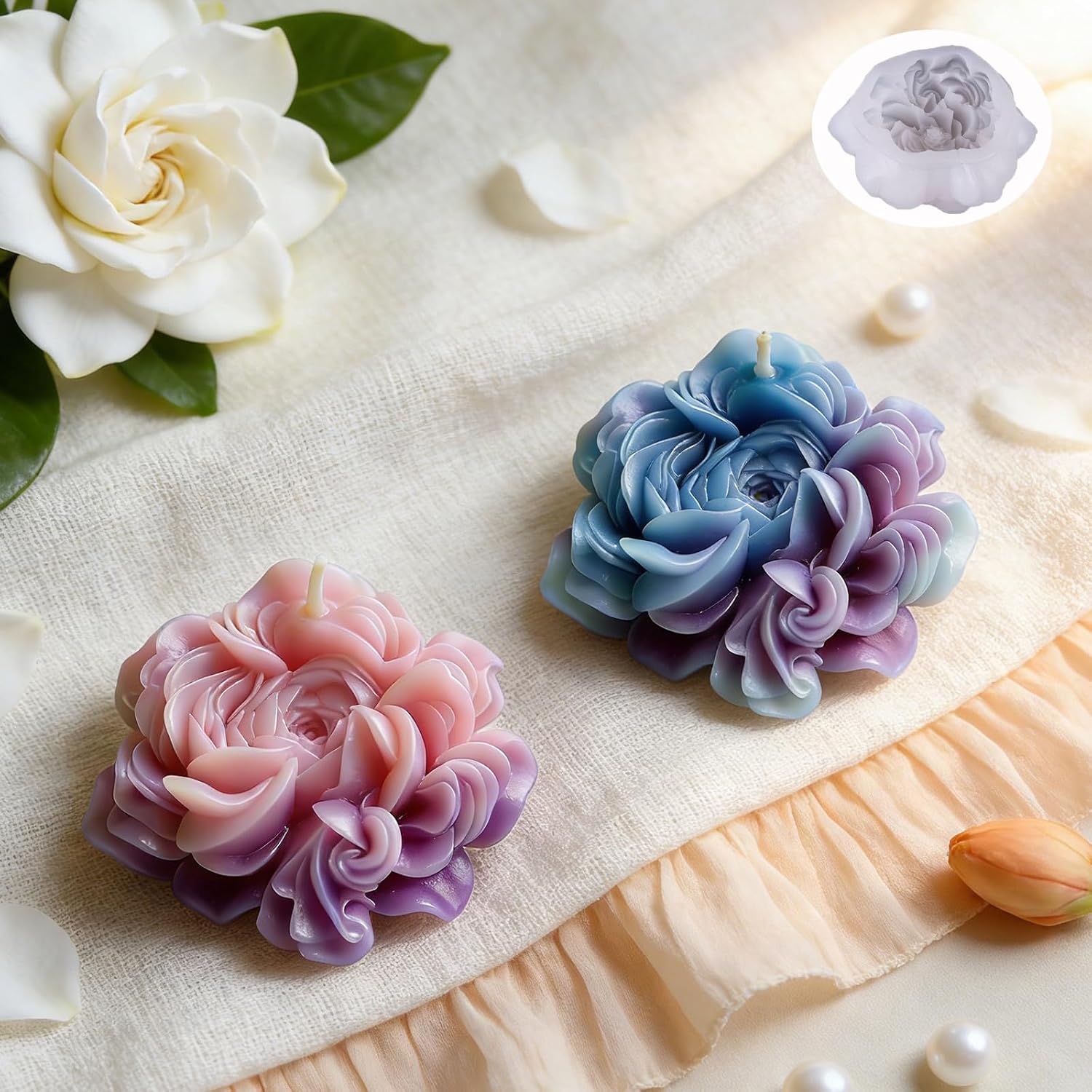 3D Ranunculus Silicone Mold for Candle Making, Lifelike Flower Resin Epoxy Casting Molds, Floral Soap Plaster Craft Tool, Fondant Chocolate Baking Pan for Home Decor, 1Pc
