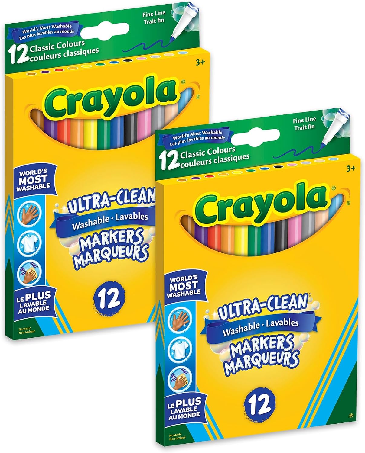 Crayola Ultra Clean Washable Fine Line Markers (2 Boxes), Bulk Classroom Markers for Kids, 12 Colours, Teacher Must Haves Wishlist, Bulk School Supplies