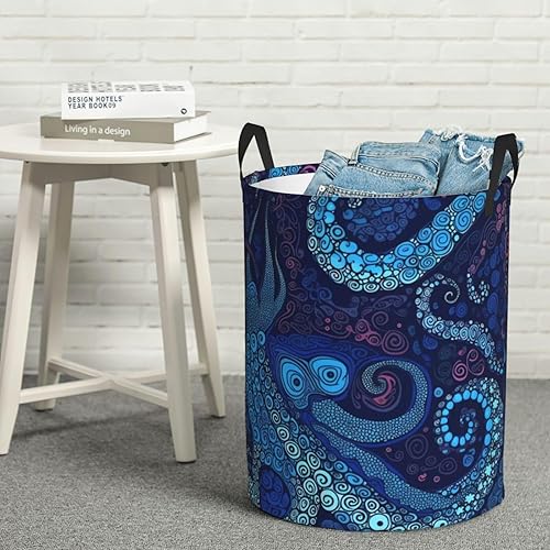 Miniatura 8 de Cesta circular con estampado de pulpo azul, impermeable, cesta organizadora de lavandería, con asas, para ropa, juguetes, tamaño mediano
