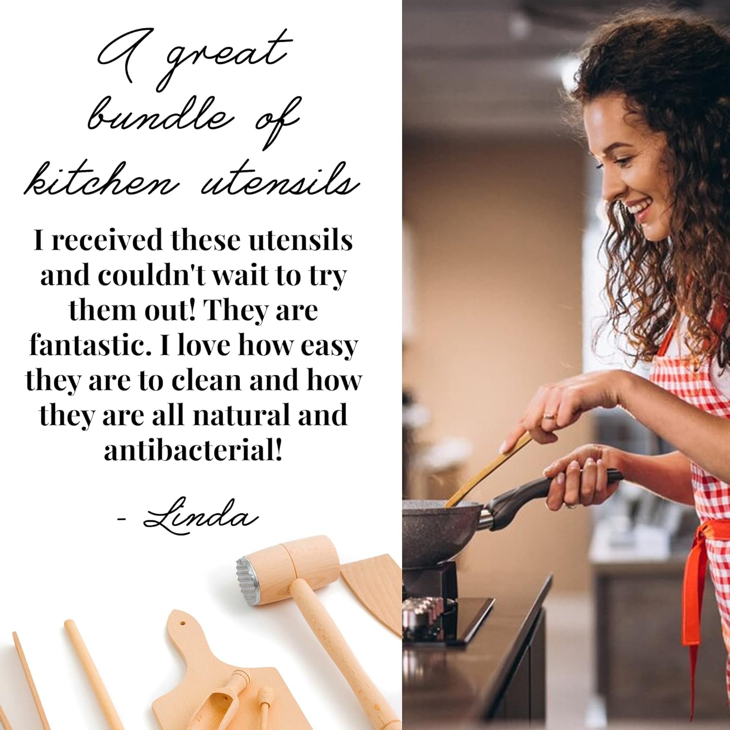 Tuuli Kitchen - 15-Piece Cooking Utensils Set, Specially Designed Solid Beechwood Wooden Spoons, Wood Spatula, Tenderiser and Honey Dipper, Durable Wooden Utensils for Everyday