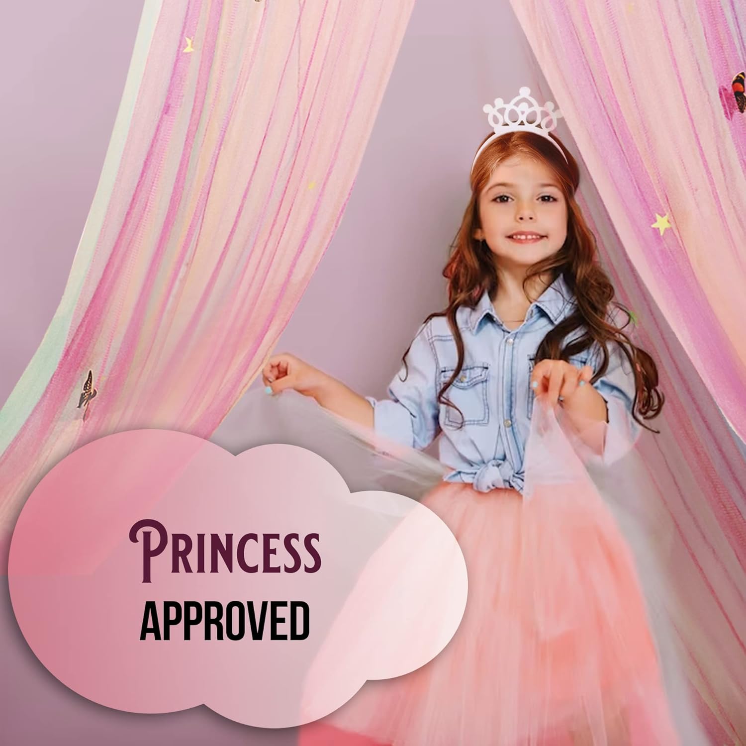 Rainbow Princess Bed Canopy with Lights for Girls Room, Unicorn Dream Catcher