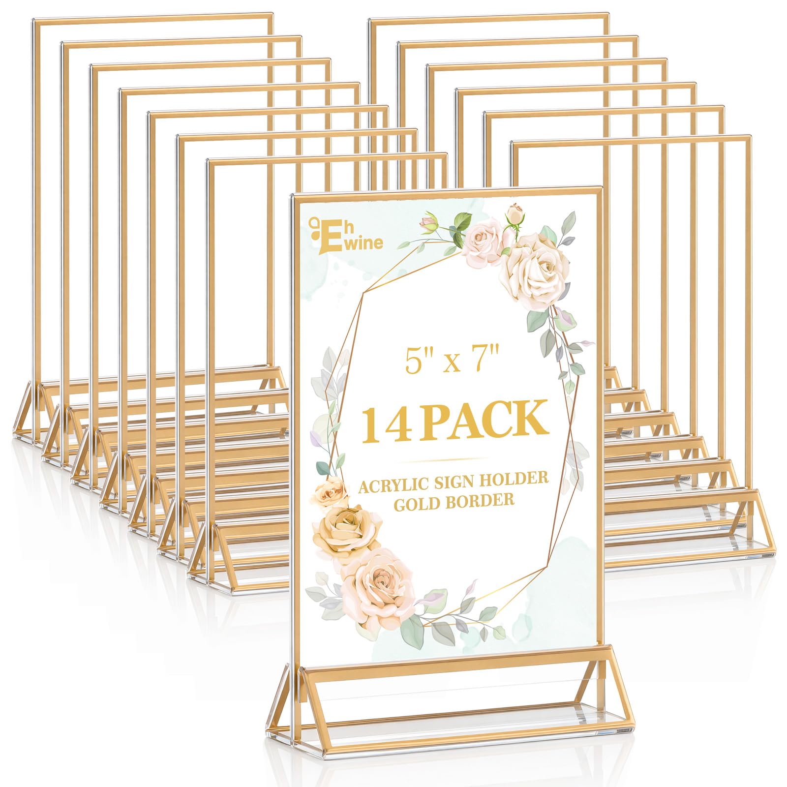 Photo 1 of EHWINE 14 Pack 5×7 Clear Acrylic Sign Holder with Gold Borders and Vertical Stand, Double Sided Table Menu Holders Picture Frames for Wedding Table Numbers, Restaurant Signs, Photos and Art Display