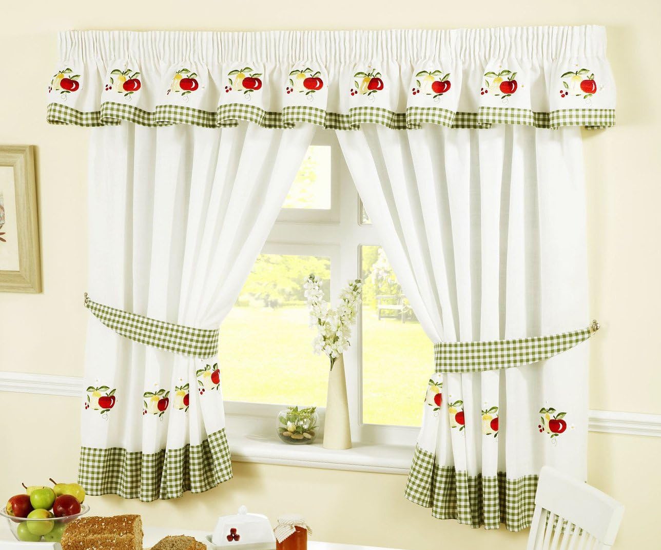 Fruits Pencil Pleat Kitchen Curtains and Tiebacks, Green/white, 46 x 42-Inch