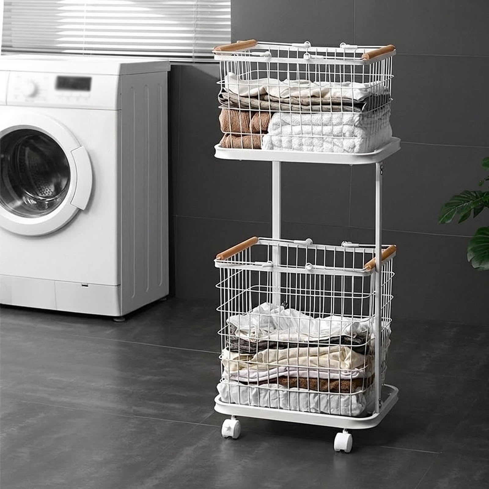 Cesto Portabiancheria Metallico A 2 Livelli Con Ruote Girevoli,Selezionatore Con Cestini A Rete Rimovibili,Contenitore Per Lavanderia,Bagno E Alloggi Studenteschi(White)
