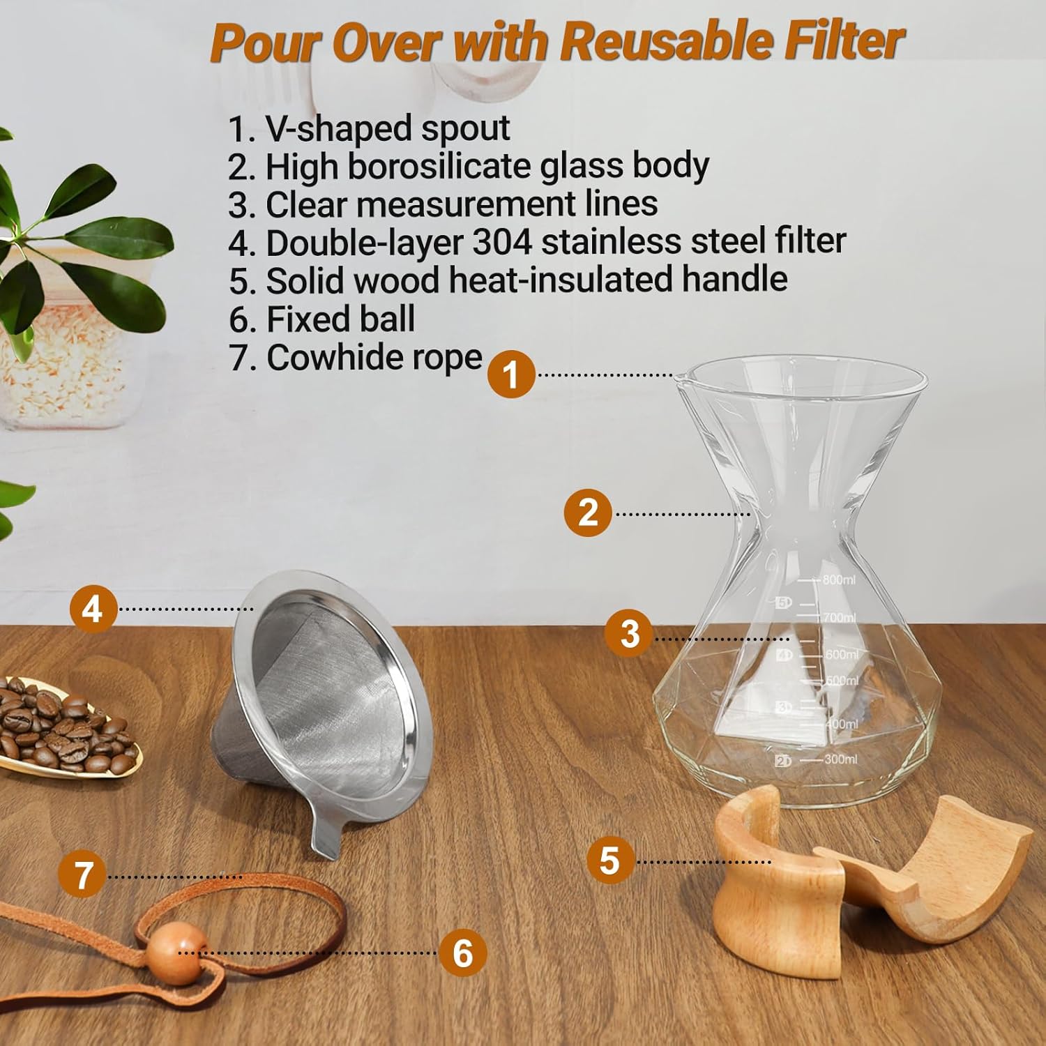 Coffee Pour Over 27.1oz 800ml High Borosilicate Glass Pour Over Coffee Maker Set Camping with Reusable 304 Stainless Steel Filter Hand Brew Carafe Drip Suitable for Electric Ceramic Stove