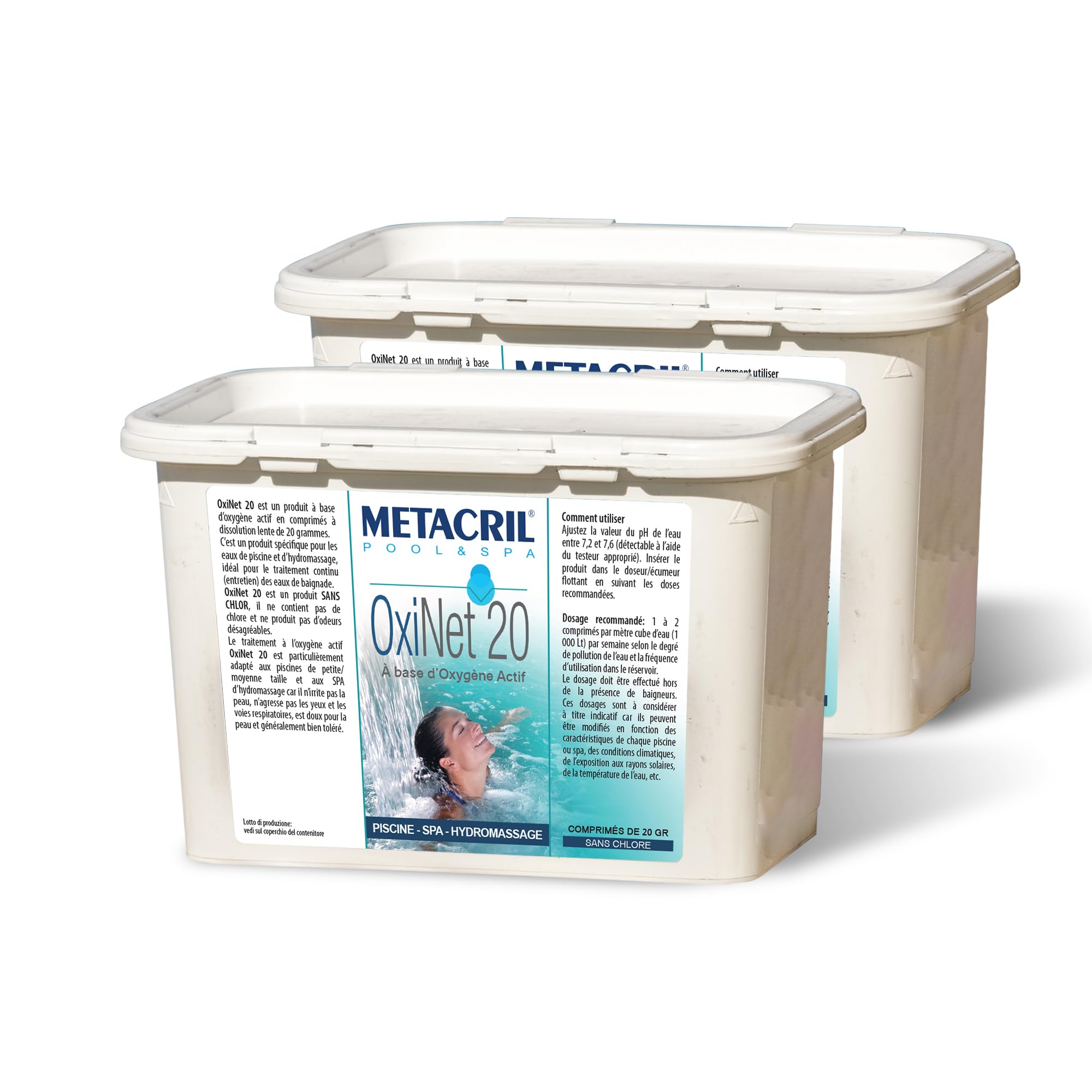 Metacril Set 2 pcs OxiNet 20, Oxígeno Activo, en tabletas de 20 g, Ideal para Piscina o Whirlpool - 2 PCS X 1.2 KG
