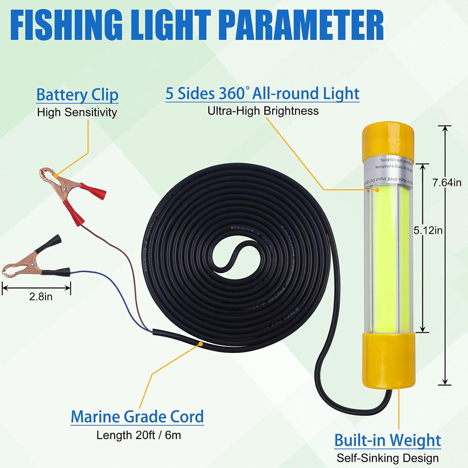 Green Underwater Fishing Light Super Bright 16000 Lumens 20W 12V LED Submersible Night Fishing Light Fish Bait Finder Attractor Docks Boats Lamp for Squid Shrimp Snook Bass Crappie Striper Catfish