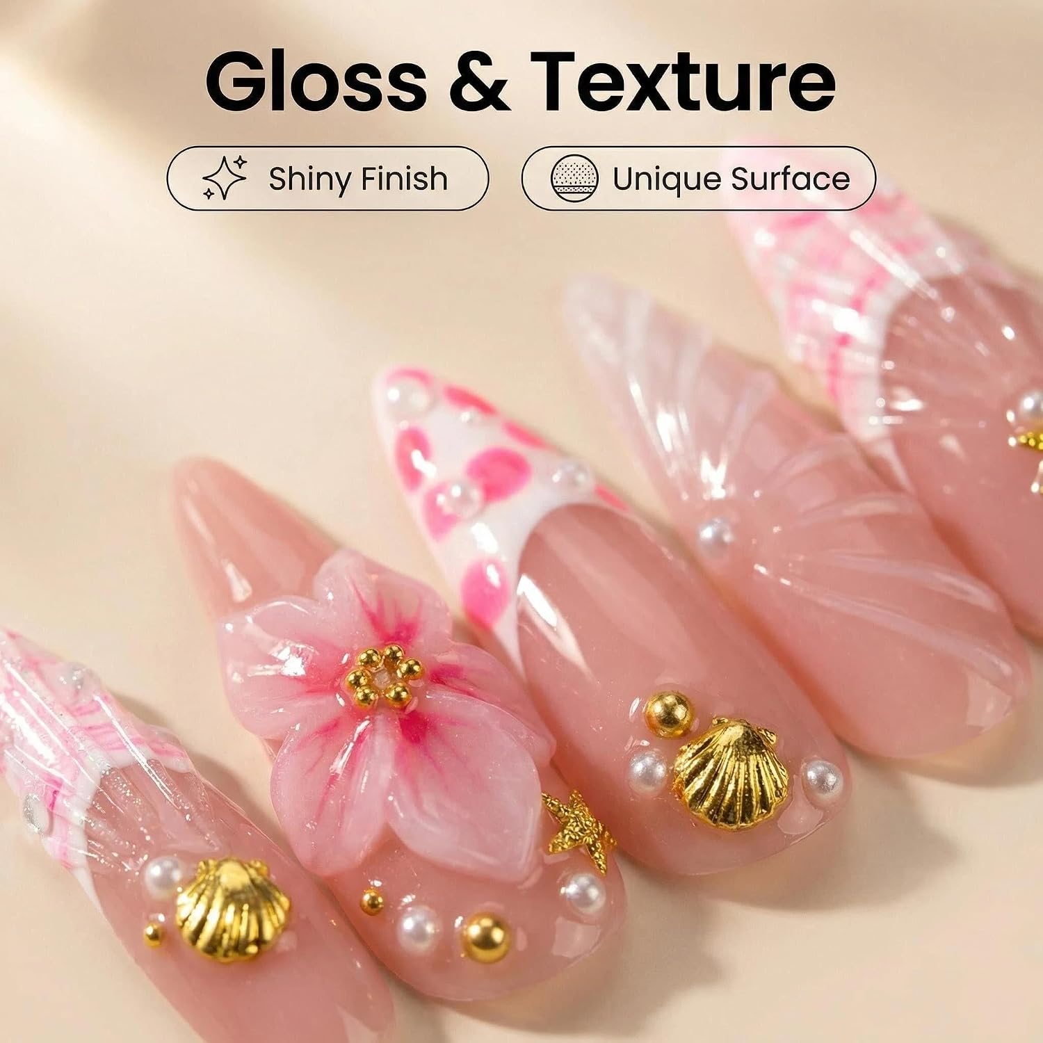 Handmade Press on Nails Pink French Tip Fake Nails Long Stiletto False Nails with 3D Flower Beach Designs Charm luxury Artificial Nails for Women (Size M）10pcs