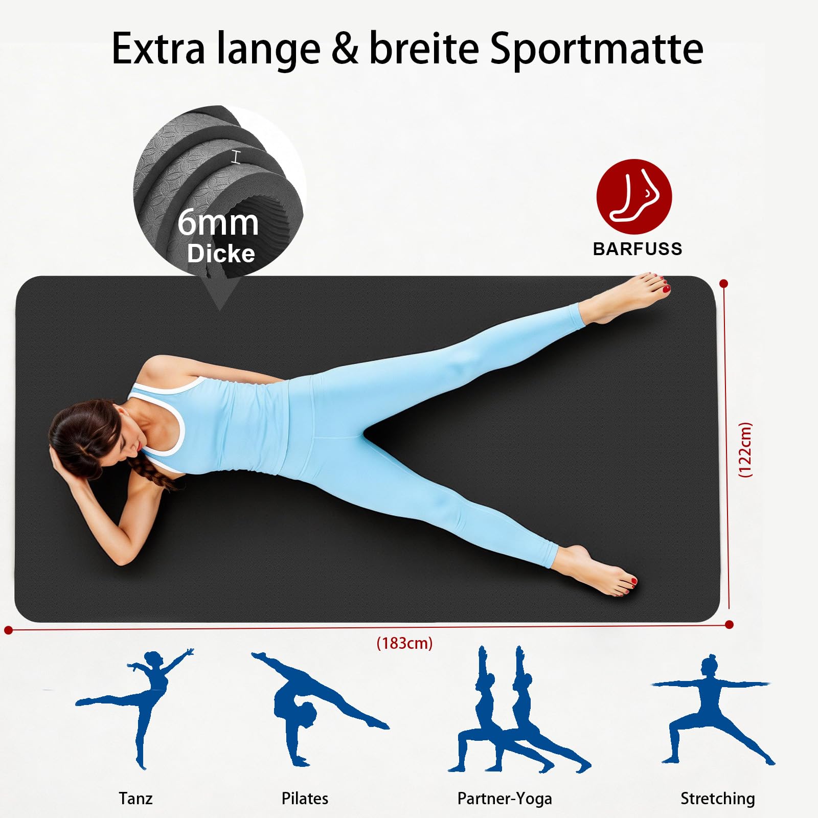THAILE Yogamatte XXL - 183x91CM 6MM Dicke Rutschfeste TPE Gymnastikmatte, Doppelseitige Textur, Extra Breite Sportmatte & Fitnessmatte, Umweltfreundlich, Pilates, Studio & Heimtraining, Schwarz