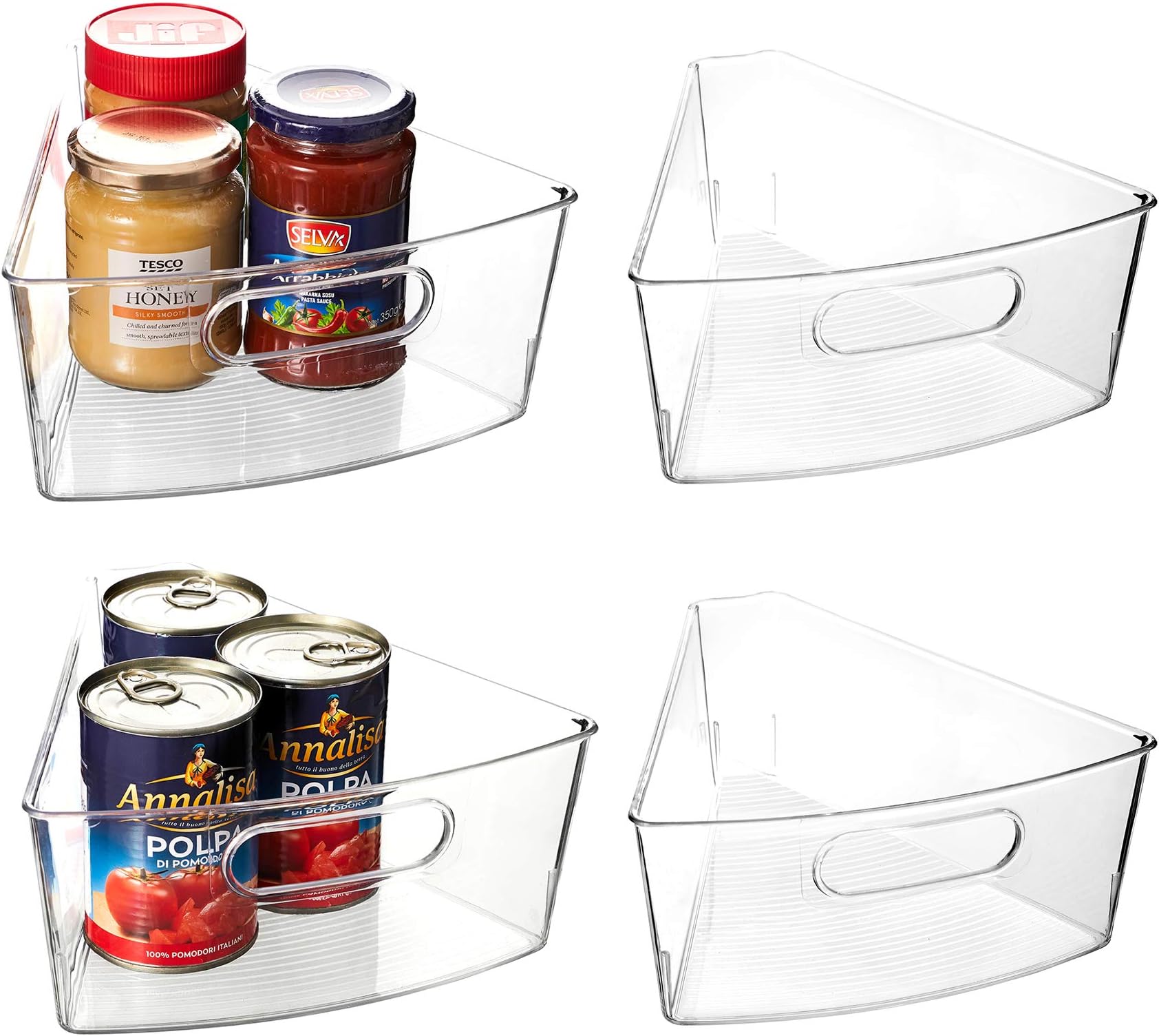 Lazy Susan Organizer, Set of 4 Clear Transparent 10.2” x 9.4” x 4” Plastic Corner Kitchen Cabinet Storage Bins, 1/8 Wedge, 4" Deep Containers - Food Safe, BPA Free