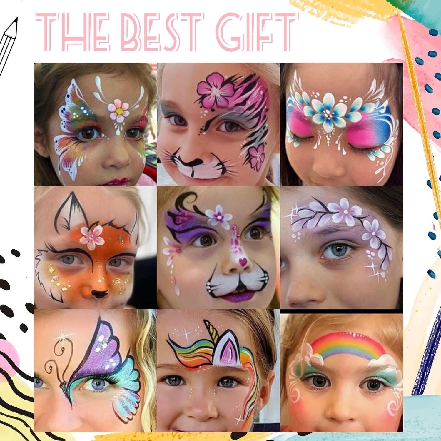 Face Painting Kit for Kids, 42 Colors Professional Face Paint Makeup Kit Non-Toxic Water Activated Facepaint Palette with Brush, Stencil, Sponge, Gem, for Party Halloween Christmas (42 Colors) - Image 9