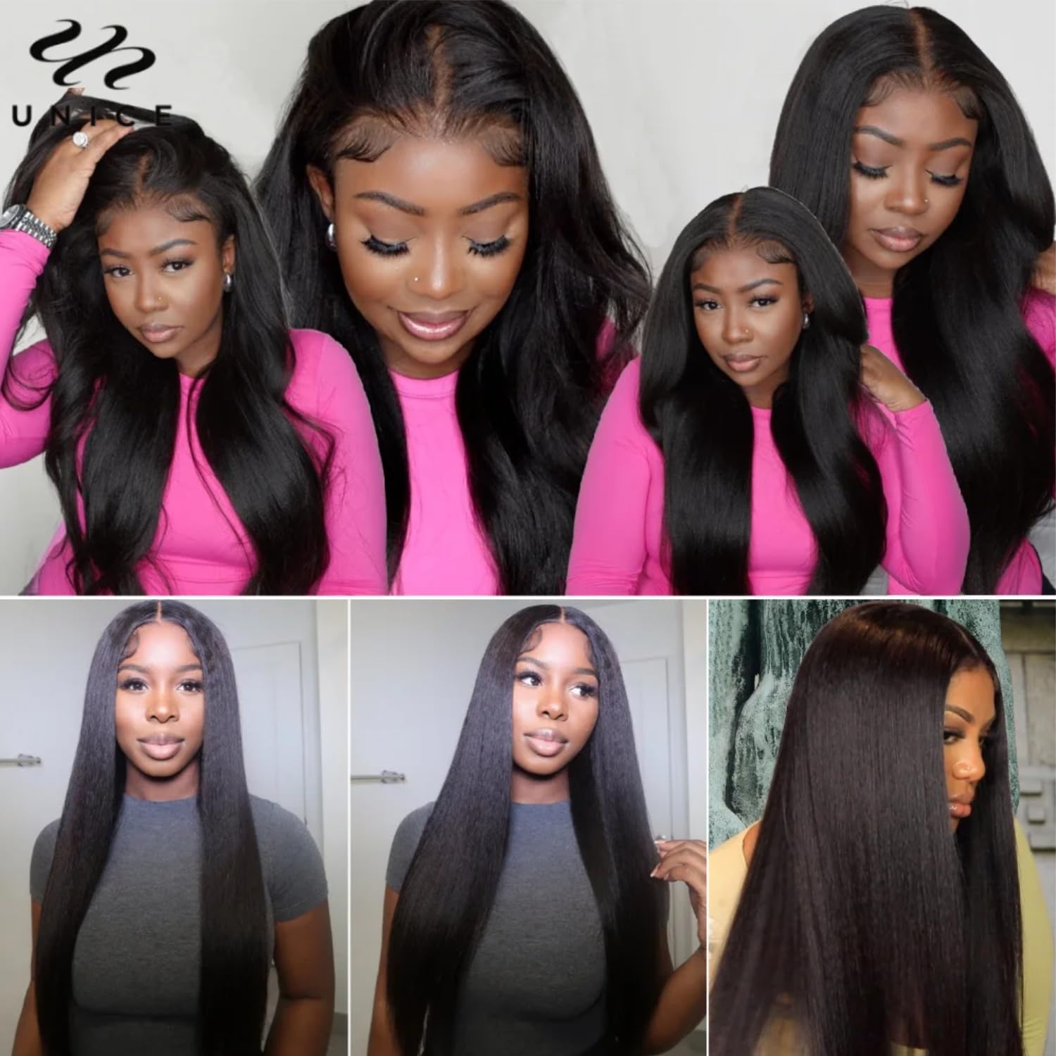 UNICE 12A Silk Yaki Straight Human Hair Weave 3 Bundles Unprocessed Virgin Real Human Hair Weft Sew in Human Hair Extensions for Women 12 14 16 inch