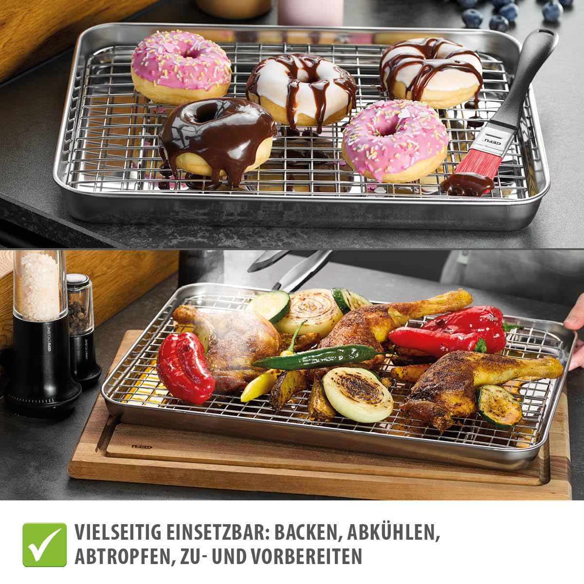 GEFU VARIADO Backblech 31,5 cm mit Edelstahl-Abkühlgitter für den Ofen