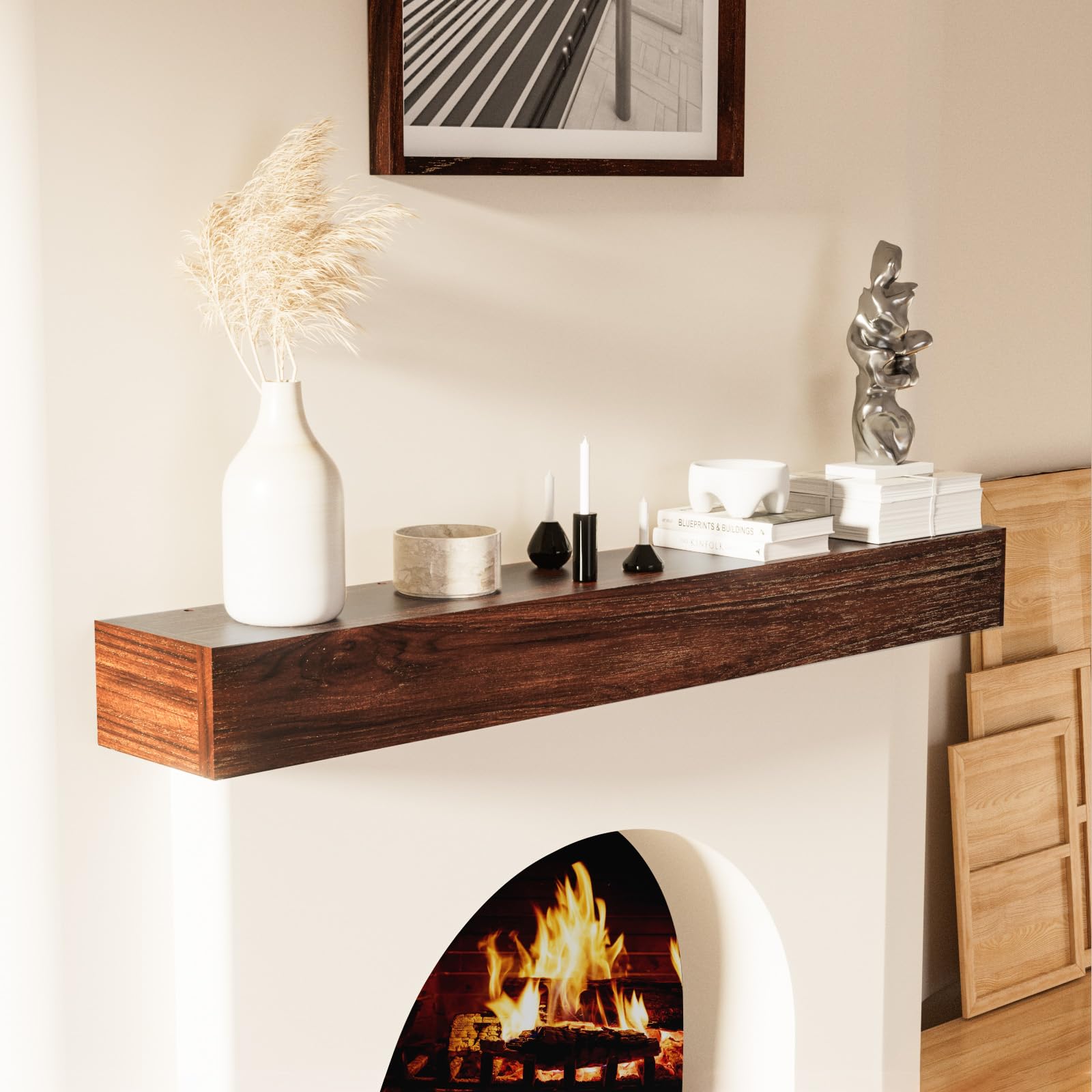 Easyego Fireplace Mantel Shelf 72", Rustic Wood Mantles for Over Fireplaces, Wall Mounted Farmhouse Decor, with Brushed Surface Workmanship(72Lx8Dx5H, Dark Brown)