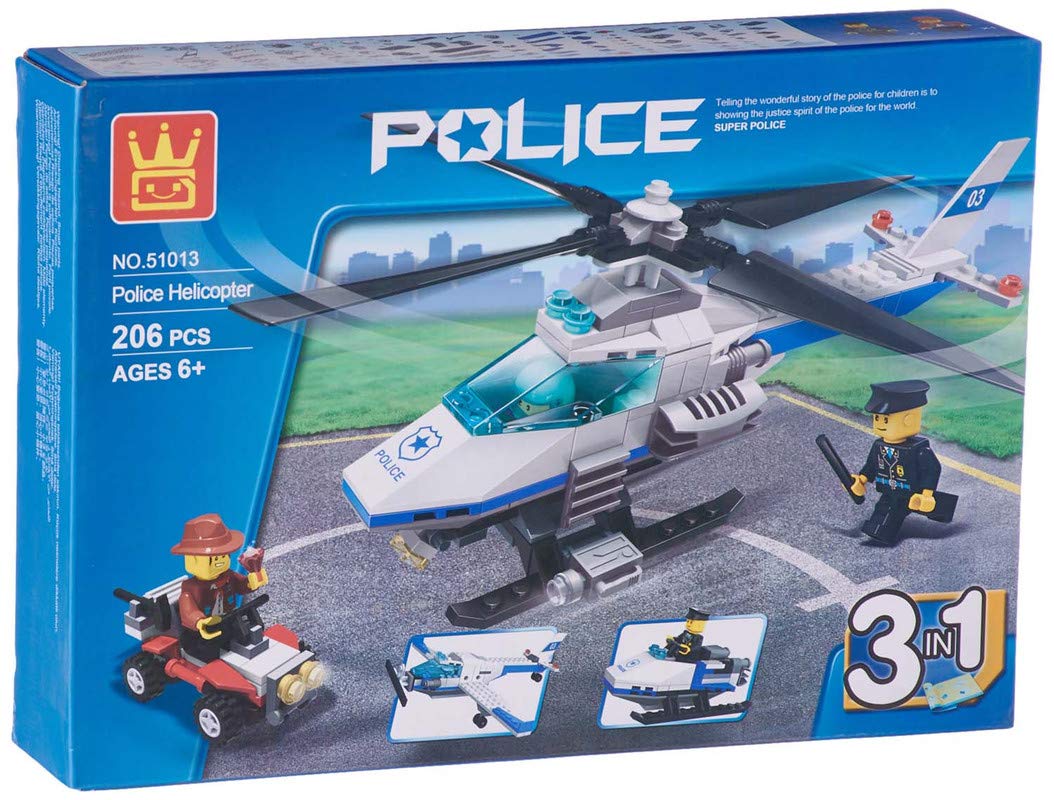 Wange 51013 Police Building Blocks Set Box showing three models: a helicopter, a plane, and a snowmobile.