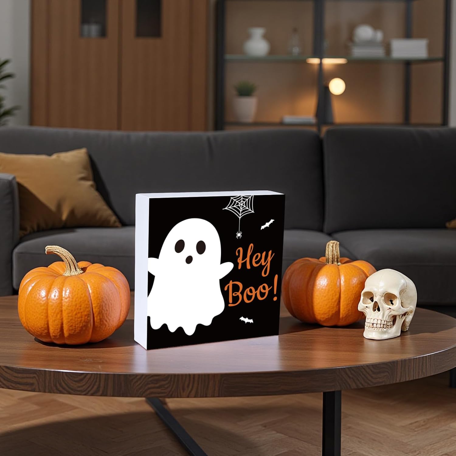 Halloween Decorations Indoor Home Room Cute Boo Ghost Table Decor Wood Box Sign Rustic Wooden Shelf Office Desk Season Sign House Warming Gifts 5.9 x 5.9 Inch