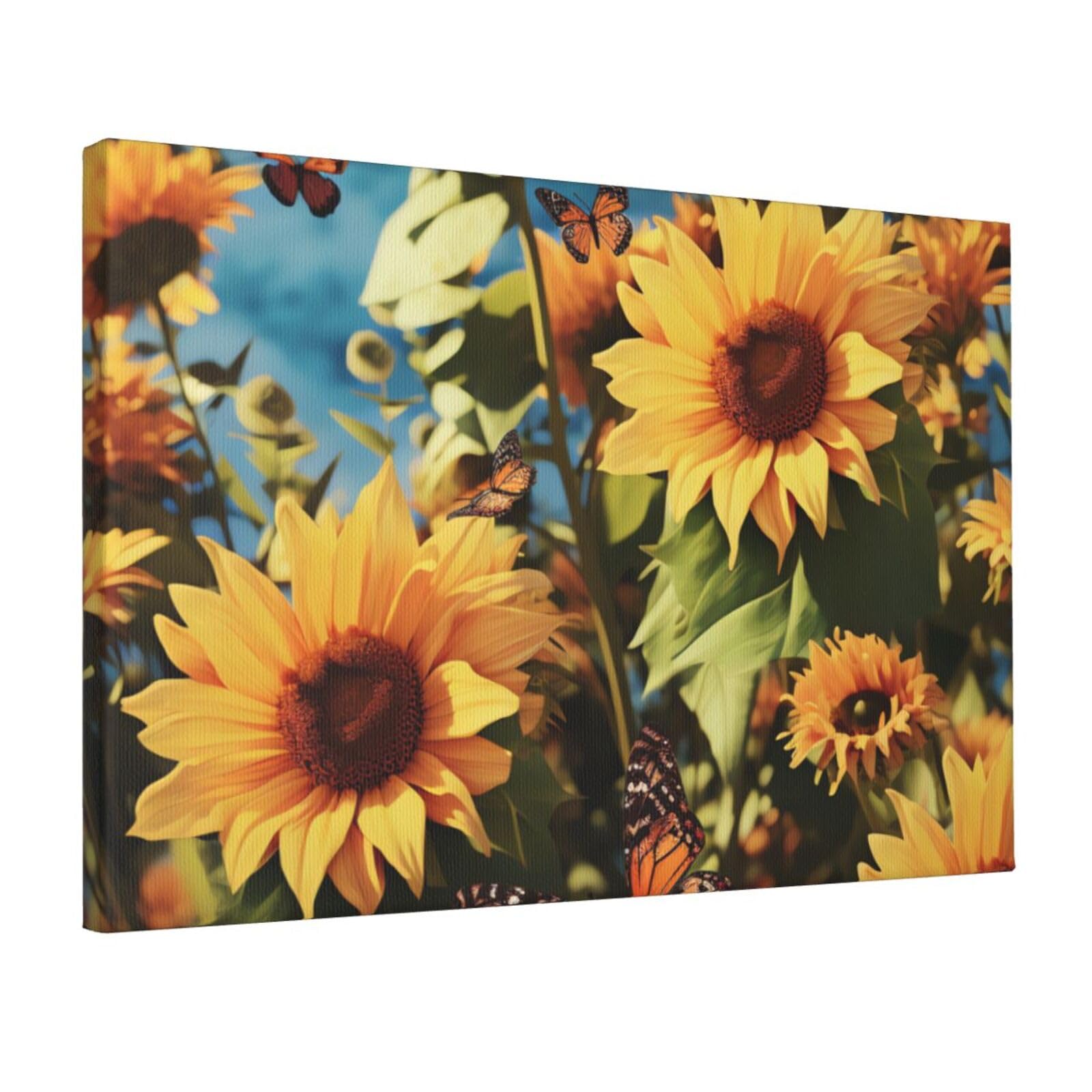 Fodpand Sunflowers And Butterflies Unframed Canvas Wall Art,Modern Posters Print Wall Decor Canvas Oil Painting For Bedroom Living Room Bathroom Wall Hanging Artwork Ready To Hang 12"X18"