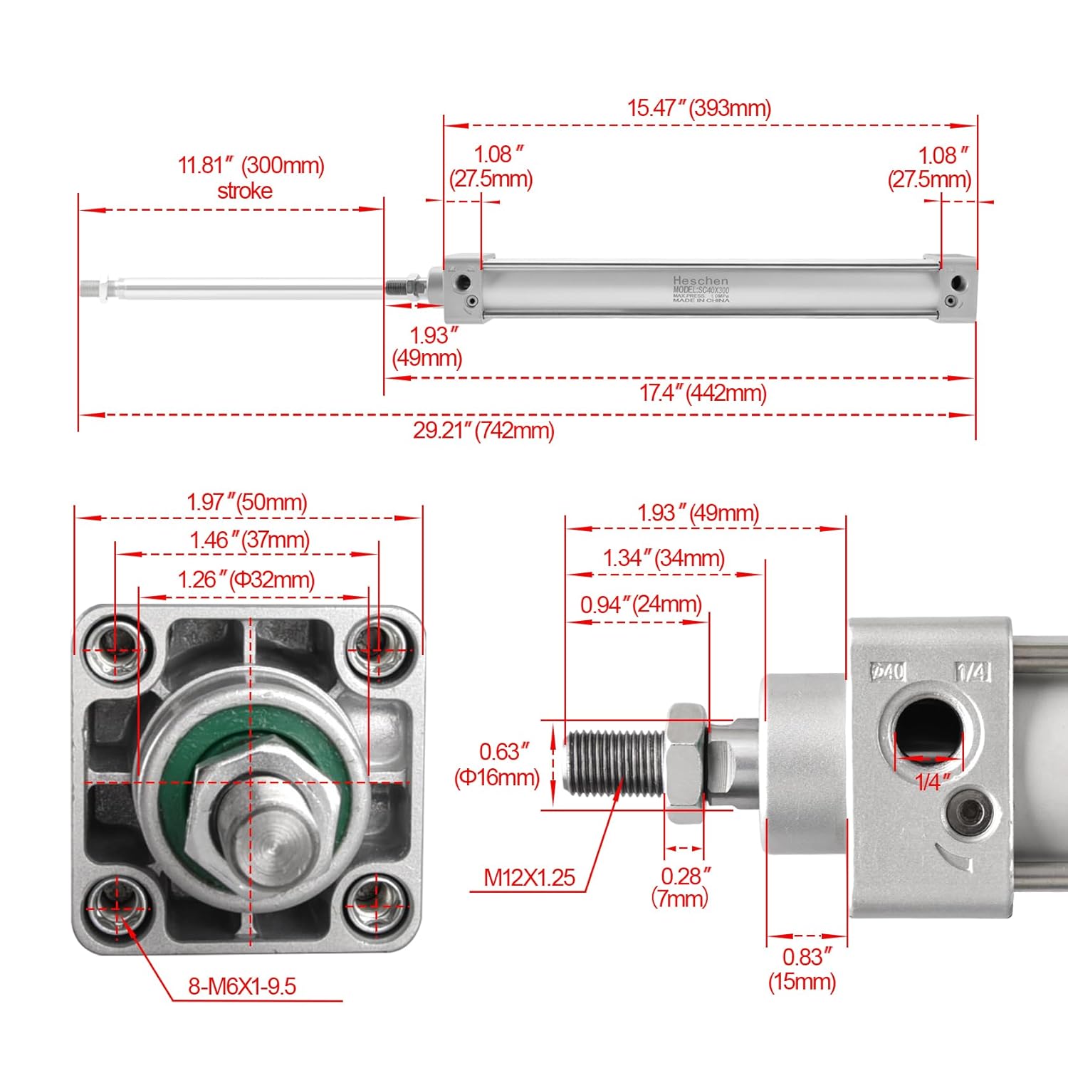 Heschen Tie-Rod Pneumatic Air Cylinder, SC 40-300, 40mm Bore, 300mm Stroke, PT 1/4 Port, Double Acting, Adjustable Cushion, Self-Lubricating Actuator for Industrial & Woodworking