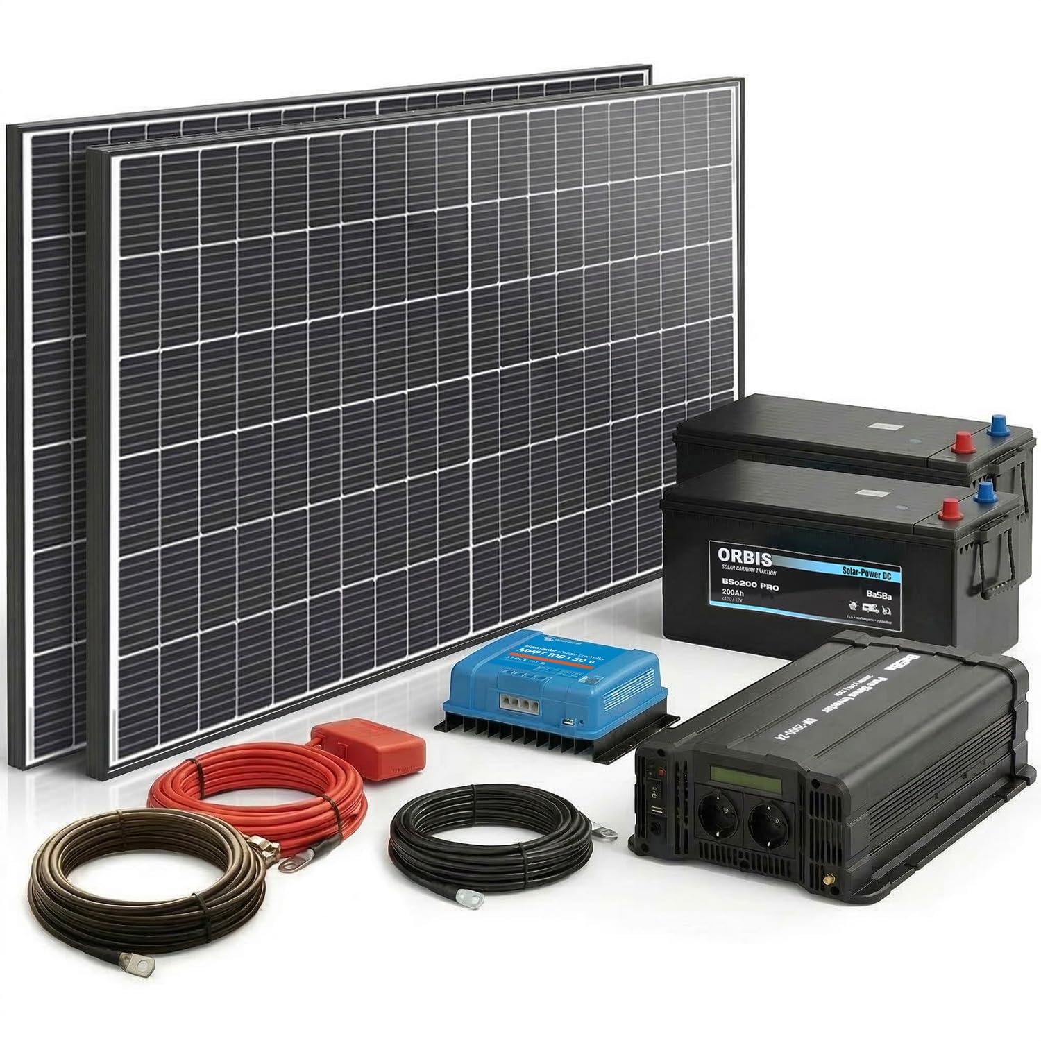 Insel-Solaranlage 750 W PV 2×200 Ah Batterie 2000 W Sinus-Wechselrichter MPPT Laderegler Plug & Play autark Solarstrom für Garten Tiny House Wohnmobil | BaSBa BA24-2000