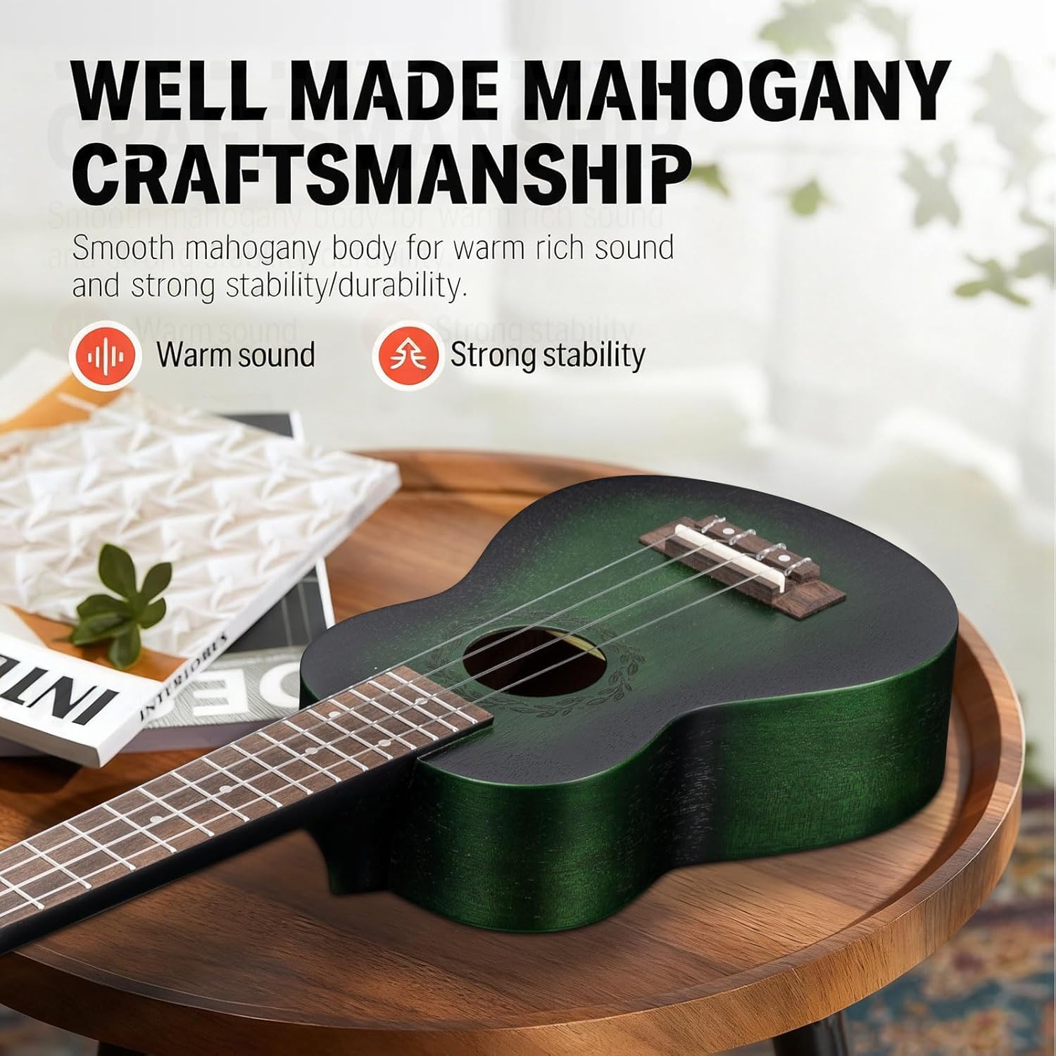 21 Inches Ukulele Beginner Kids and Adult Student Travel Wooden Soprano Mahogany Ukelele Kits with Tuner Gig Bag Strap Carbon Nylon String Picks Cloth Gift Choice (Green)