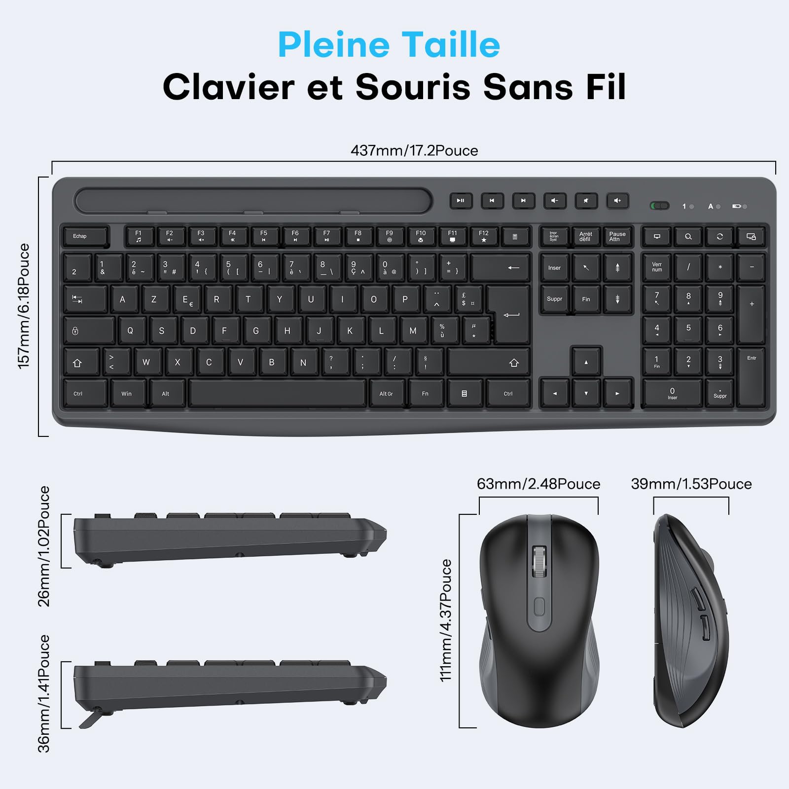 Ensemble Clavier et Souris sans Fil OMOTON, 2,4 GHz AZERTY, Noir-Gris | Support pour téléphone intégré, Silencieux, Ergonomique, 3 DPI, Voyant d'alimentation, pour Windows/Linux/PC, Bureau, études