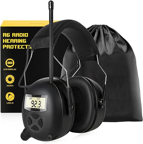 BJKing - Auriculares con radio AM/FM y pantalla digital, orejeras de protección auditiva de 30dB, protección para los oídos para cortar el césped,