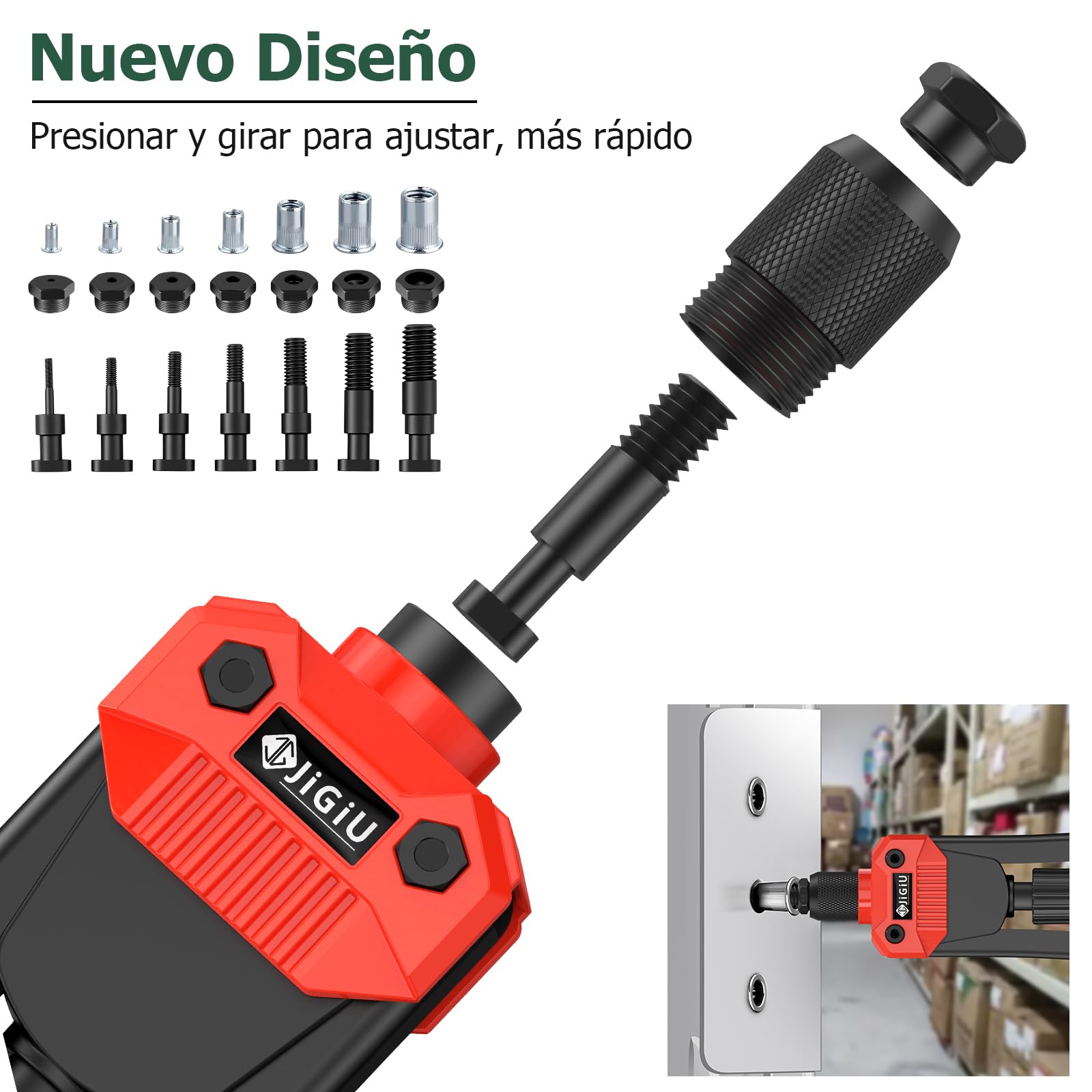 JiGiU 13'' Remachadora de Tuercas con 110 Tuercas M3 M4 M5 M6 M8 M10 M12 Juego de Alicates para Remachar 7 Mandriles Intercambiables para Automoción, Componentes Metálicos, Construcción