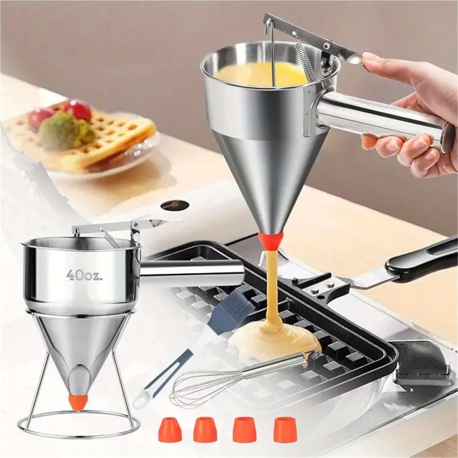 Teigspender 600/1200 ml Öl Eimer mit Halter Edelstahl Trichter Spender Cupcake Pfannkuchen Teig Octopus Ball Küche Backen Werkzeug(1200ML)