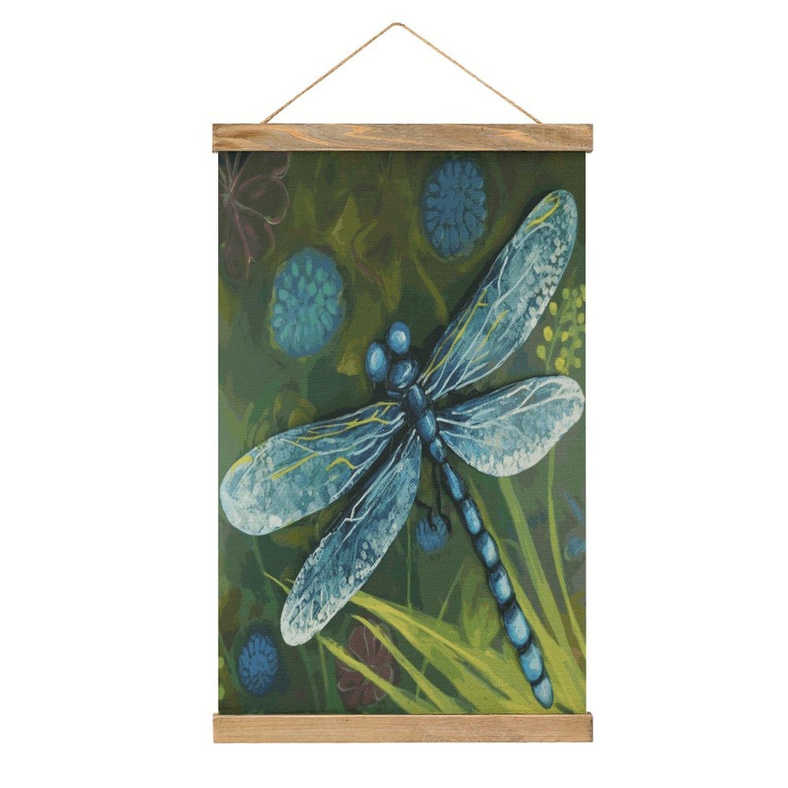 JTREHY Hand Painted Blue Dragonfly Linen Hanging Painting Vintage Poster Wall Art Prints Personality Style Wall Hanging Poster for Living Room Office Bedroom Decor Frame 13.2 X 20.47 Inch