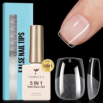 TOMICCA 240Pcs Extra Short Coffin Nail Tips & 5 in 1 Brush On Nail Glue