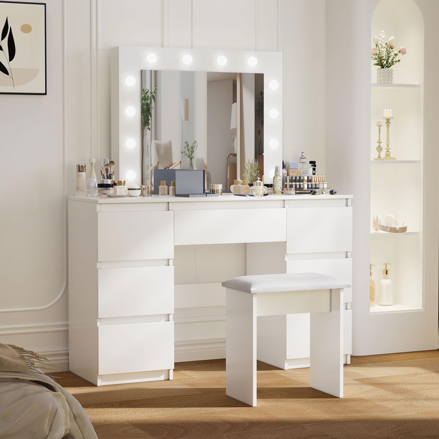 Large Vanity Desk with Hollywood Lighted Makeup Mirror, White Dressing Table Set 7 Drawers, 12 LED Bulbs, 3 Lighting Modes for Bedroom