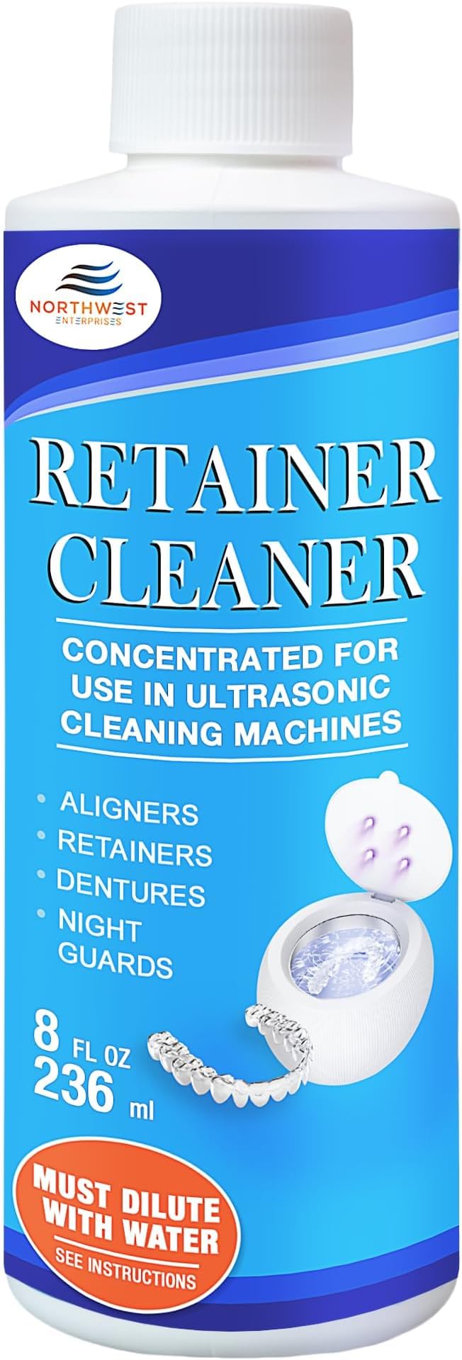 NORTHWEST ENTERPRISES Ultrasonic Retainer Cleaner Solution Concentrate for Ultrasonic Machines - Cleans Mouthguards, Invisalign & Nightguards - Odor, Stain & Discoloration Remover (8 oz)