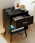 Modern Nightstand with Charging Station and LED Light, Night Stand Black Bedside Table with Drawer and Storage Shelf, End Table with Gold Handle for Bedroom, Living Room, Black