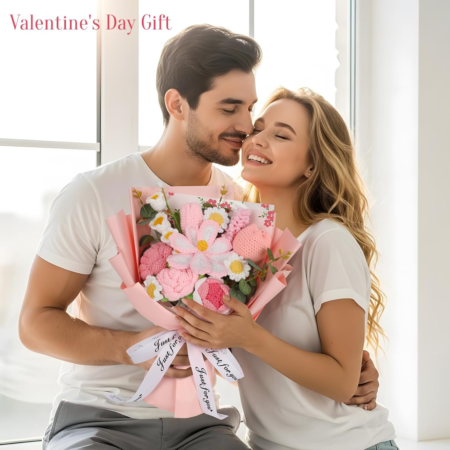 Crochet Flower Bouquet, Pink Knitted Flower Bouquet Handmade Crochet Tulips Rose Flower for Valentines Day Mother's Day Lover Anniversary Birthday Graduation Wedding Gifts