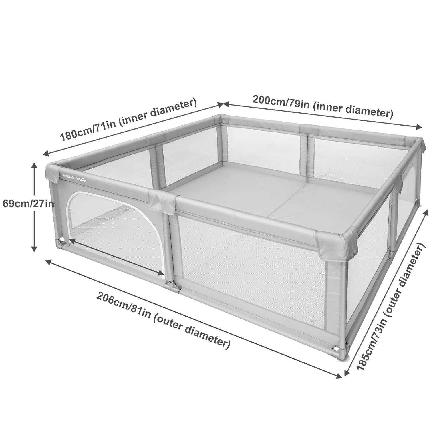 Diagram showing the dimensions of the Inteli-topia Extra Large Baby Playpen.