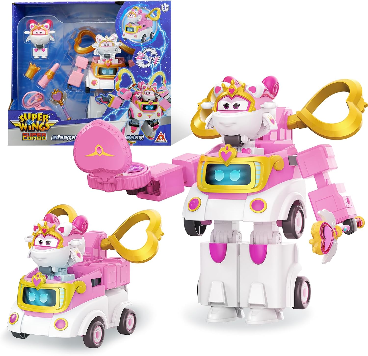 Super Wings Transformable Toys, 6" Super Robot and 2" Mini Sara Transforming Suit, 2 in 1 Racing Car-Robot Action Figure for Boys and Girls Age 3+, Gifts for Preschool Kids, Pink