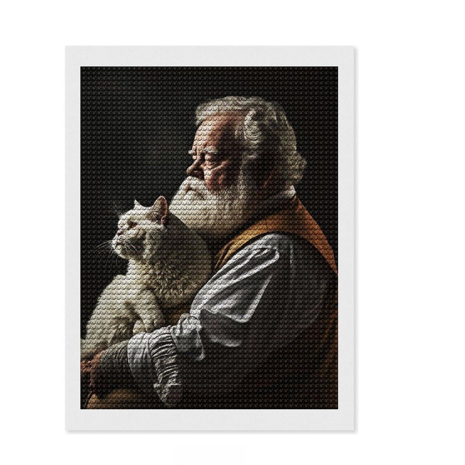 Junmoney Old Man with His Cat Diamond Art Canvas 12"x16", Satisfying Creative Project, Sparkling Round Gems, Stress Relief Craft, Office Decor