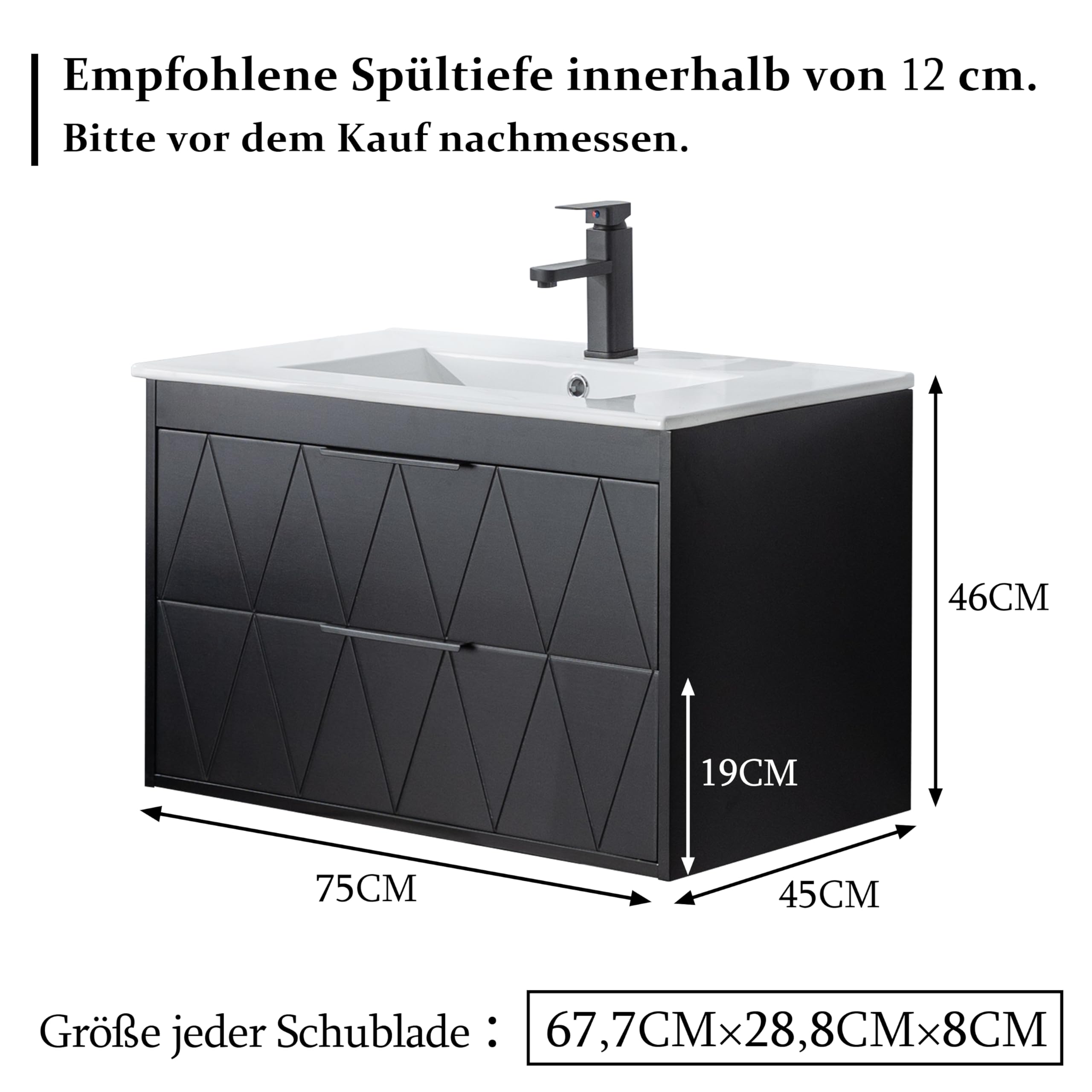 UEV Waschtisch mit Unterschrank, Waschbeckenunterschrank 75cm hängend, Waschbecken aus Keramik, Badezimmmer Möbel für Gäste WCmodern, Soft-Close, schwarz