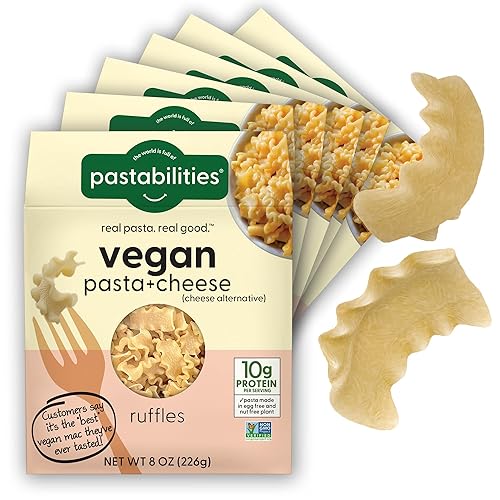Pastabilities, Volantes veganos, Mac y queso (cajas de 8 onzas, paquete de 6) Pasta a base de trigo, delicioso sabor, sin OMG, pasta vegana y