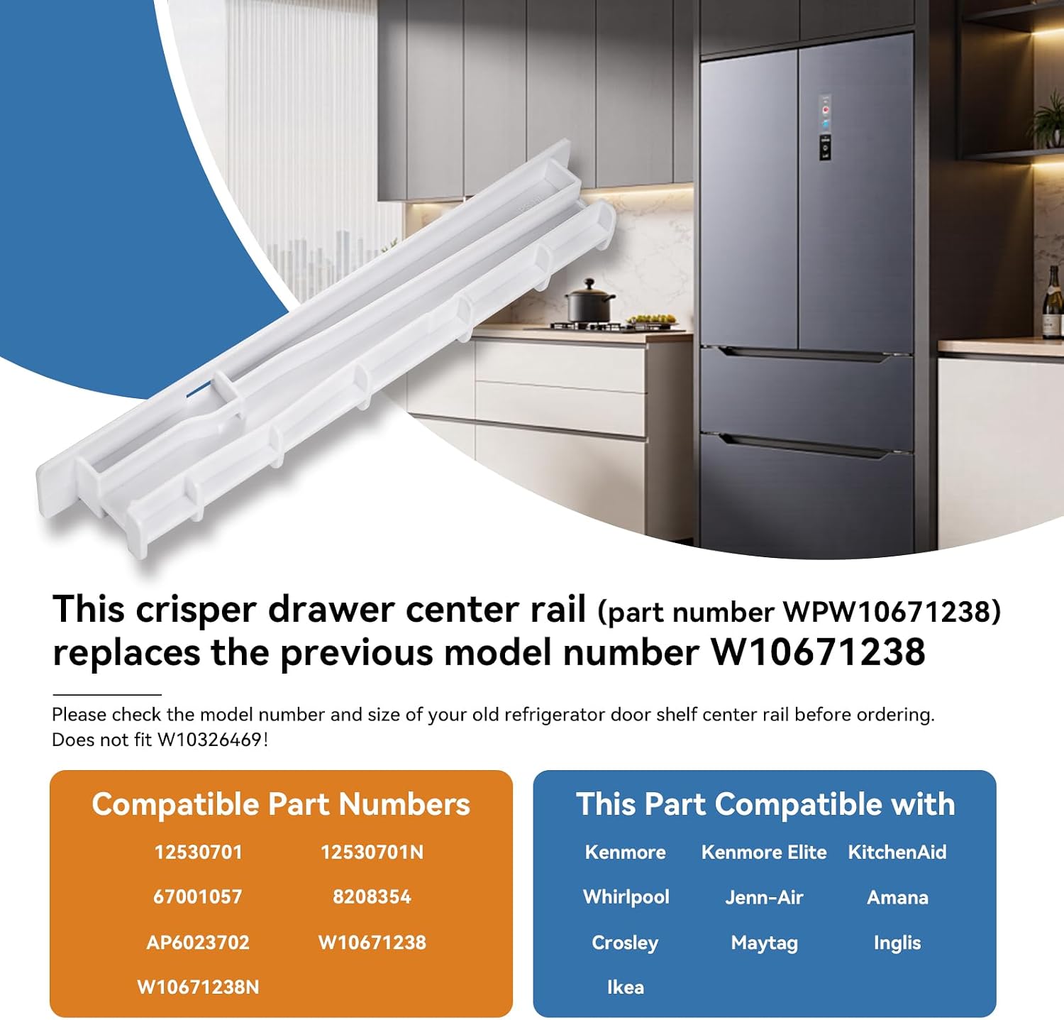 Upgrade W10671238 WPW10671238 Fridge Crisper Drawer Center Rail Replace 12530701 12530701N 67001057 Compatible with Whirlpool, Kenmore, Maytag, and Amana Refrigerator Drawer Slide Rail Replacement