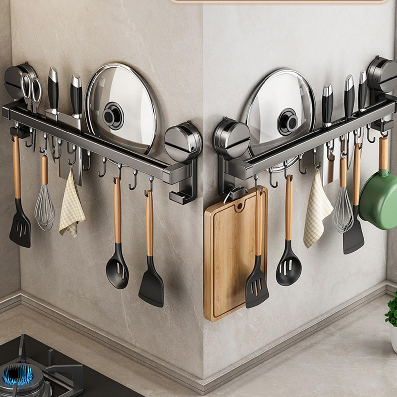 Ganchos de cocina autoadhesivos, no requiere taladrar, color negro, para colgar en la pared, para ollas y cuchillos, 40 cm con 8 ganchos (12 ganchos de 60 cm)