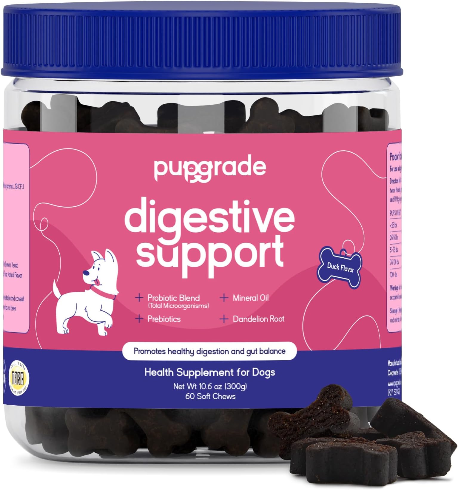 PupGrade Digestive Support for Dogs, Duck Flavor - 60 Soft Chews | Prebiotic + Probiotic Supplement with Enzyme Blend - Gut and Immune Support - Pumpkin, Blueberry, Mineral Oil