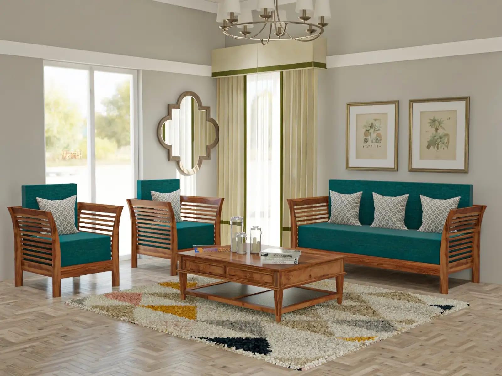 solid sheesham wood sofa set 3+1+1 seater | premium wooden living room sofa set with cushions | modern wooden couch furniture | natural finish (honey, 5 seater)