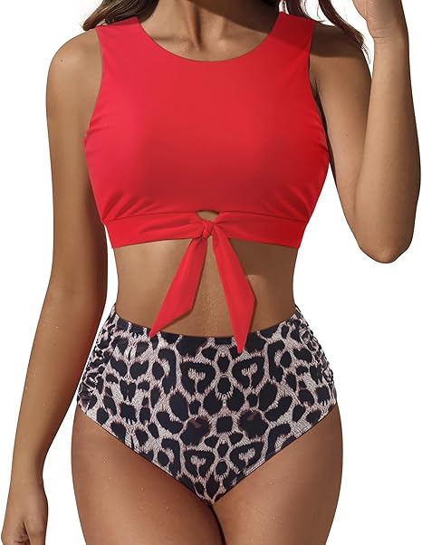 SUUKSESS Women Cute Knot Tankini Set Ruched High Waist 2 Piece Swimsuits