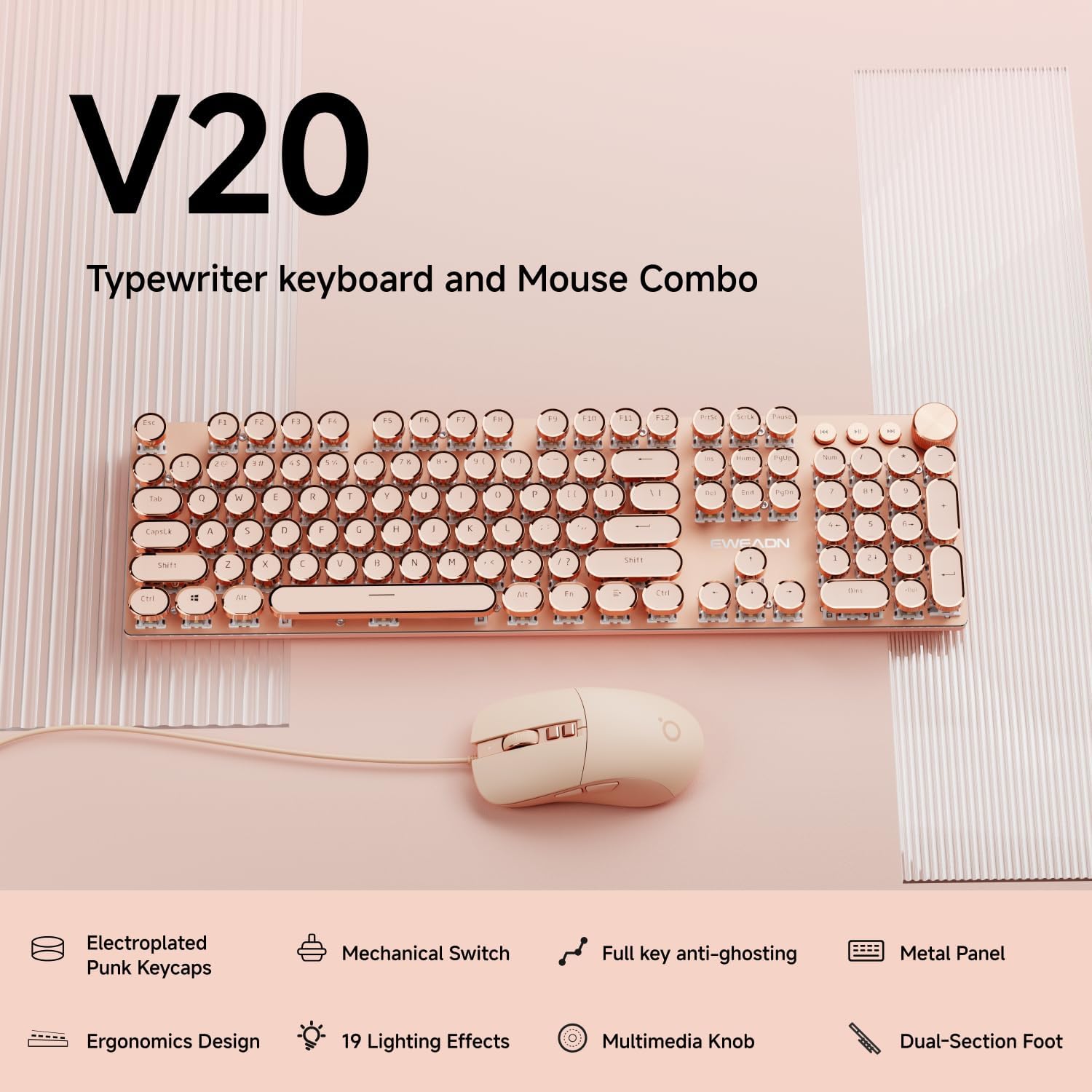 EWEADN Wired Typewriter keyboard and Mouse Combo, Typewriter Style Mechanical Gaming Keyboard,104 Keys Backlit LED Keyboards, Media Control Knob, Wired Keyboard Pink Switch for Windows/Mac/PC-Pink - Image 2