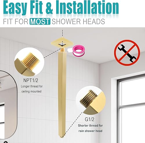 Miniatura 3 de Brazo de ducha de montaje en techo con brida de 20 pulgadas, extensor recto cuadrado de repuesto de tubería, brazo de ducha largo para cabezal de