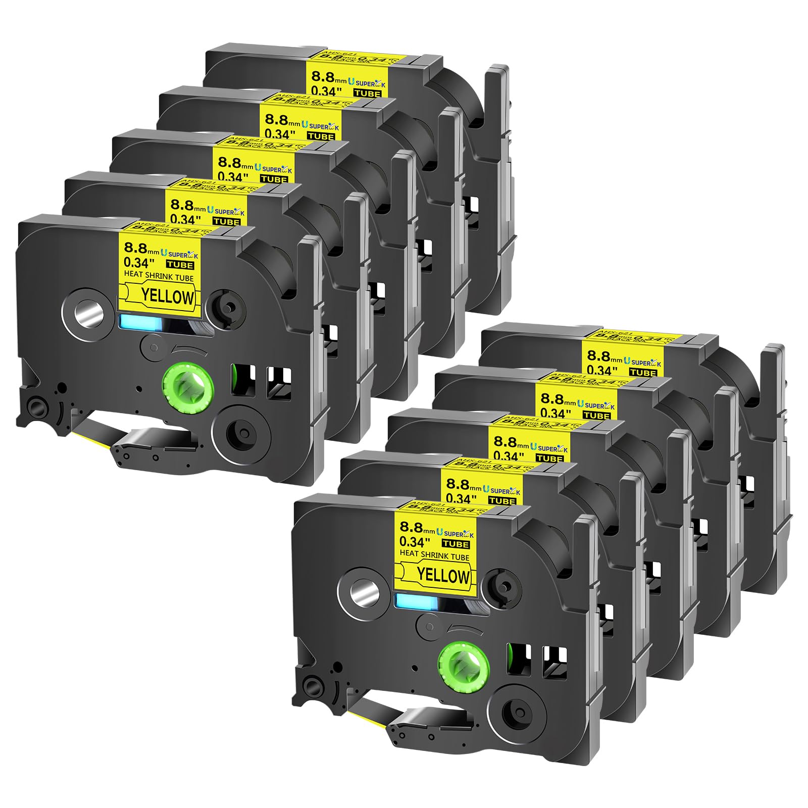 USUPERINK 10PK Compatible for Ptouch HSe-621 HSe621 HS-621 HS621 Black on Yellow 8.8mm 0.34'' Heat Shrink Tubing for Wire Cable for PT300 PT-300B PT310 PT310B PT320 Label Maker Tape