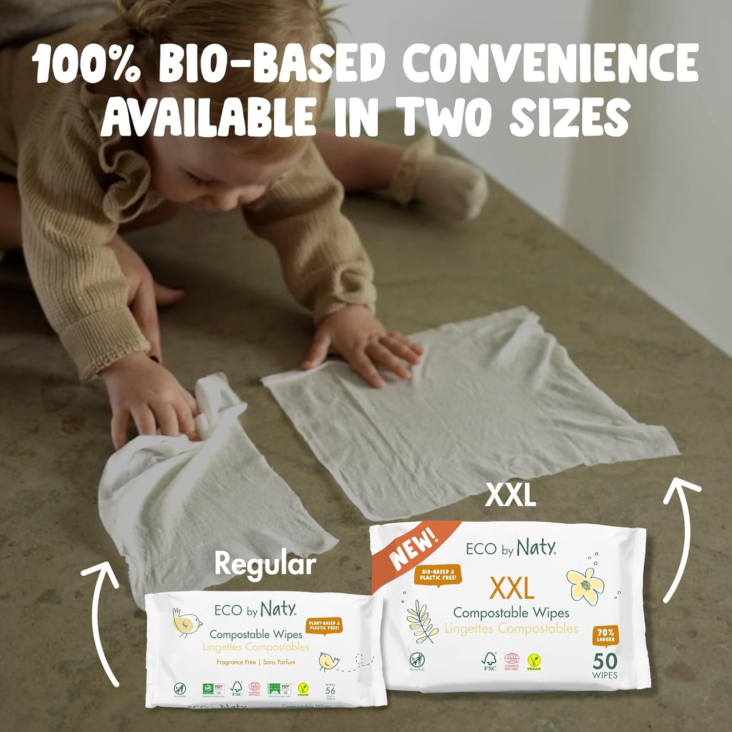 Naty Baby Wipes XXL | 98% Water, Hypoallergenic & Natural for Sensitive Skin | Unscented, Plant-Based, Fragrance-Free | Plastic-Free & Compostable | Newborn & Toddler Wipes | 600 Count (12 Packs)